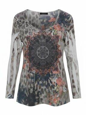 Floral Medallion V‑Neck Long Sleeve Top - Gray